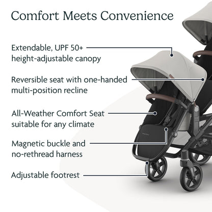 UPPAbaby RumbleSeat V3 second lower seat in Declan color with all-weather cover, magnetic buckle, and included adapters on silver frame