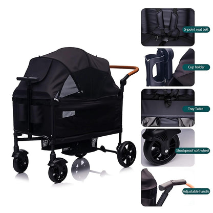 Lightweight luxury wagon stroller for 2 kids with adjustable handle, canopy, tray, and cup holder, suitable for newborns and toddlers.