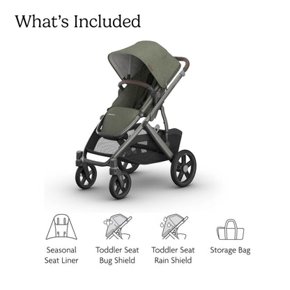 UPPAbaby Vista V3 convertible stroller for baby and toddler, charcoal frame with all-wheel suspension and large storage basket.
