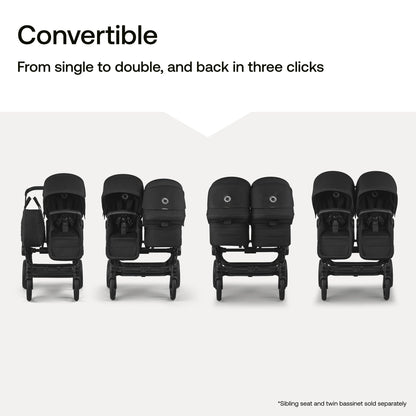 Bugaboo Donkey 6 all-terrain stroller in Cocoa Brown, single-to-double side-by-side design for newborn and toddler.