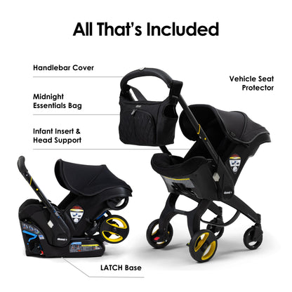 Doona all-in-one travel system with slate green car seat and stroller, showing the compact, foldable design for easy travel.