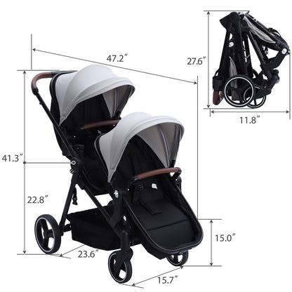 My Store tandem stroller with double bassinet, reversible seat, adjustable canopy, one-hand fold, large storage basket in black.