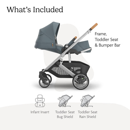 UPPAbaby Cruz V3 stroller in Greyson with reversible seat, infant insert, car seat compatible, rain and bug shields, charcoal frame