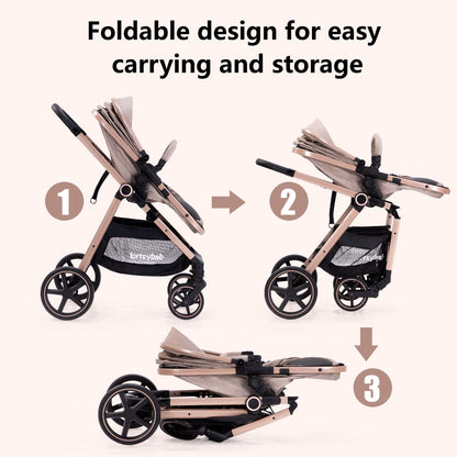 Lortsybab 2-in-1 baby stroller with beige frame, reversible seat, compact fold, suitable for infants and toddlers 0-36 months.