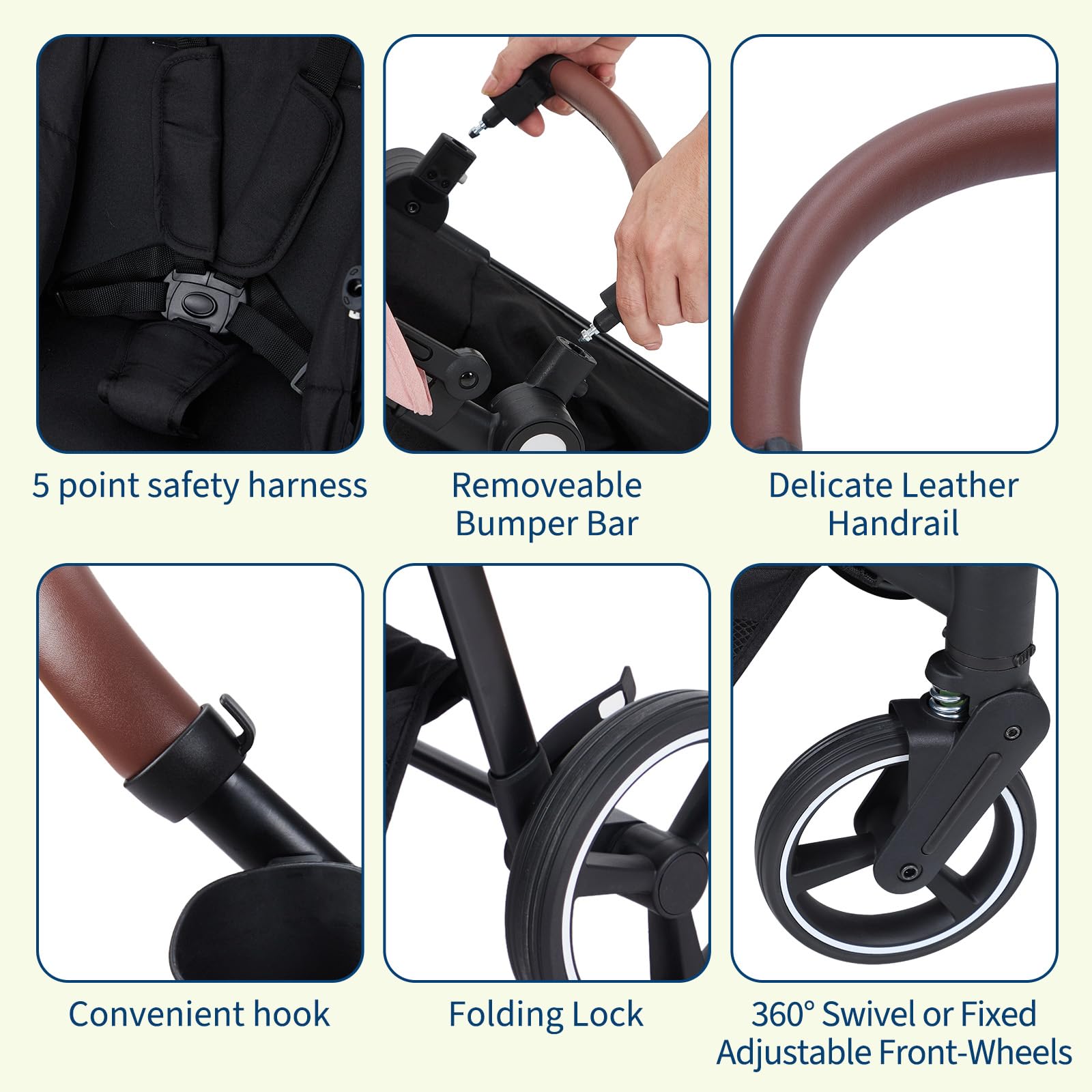 Black tandem stroller with reversible seats, adjustable canopy, large storage basket, and one-hand fold, suitable for newborns and toddlers.