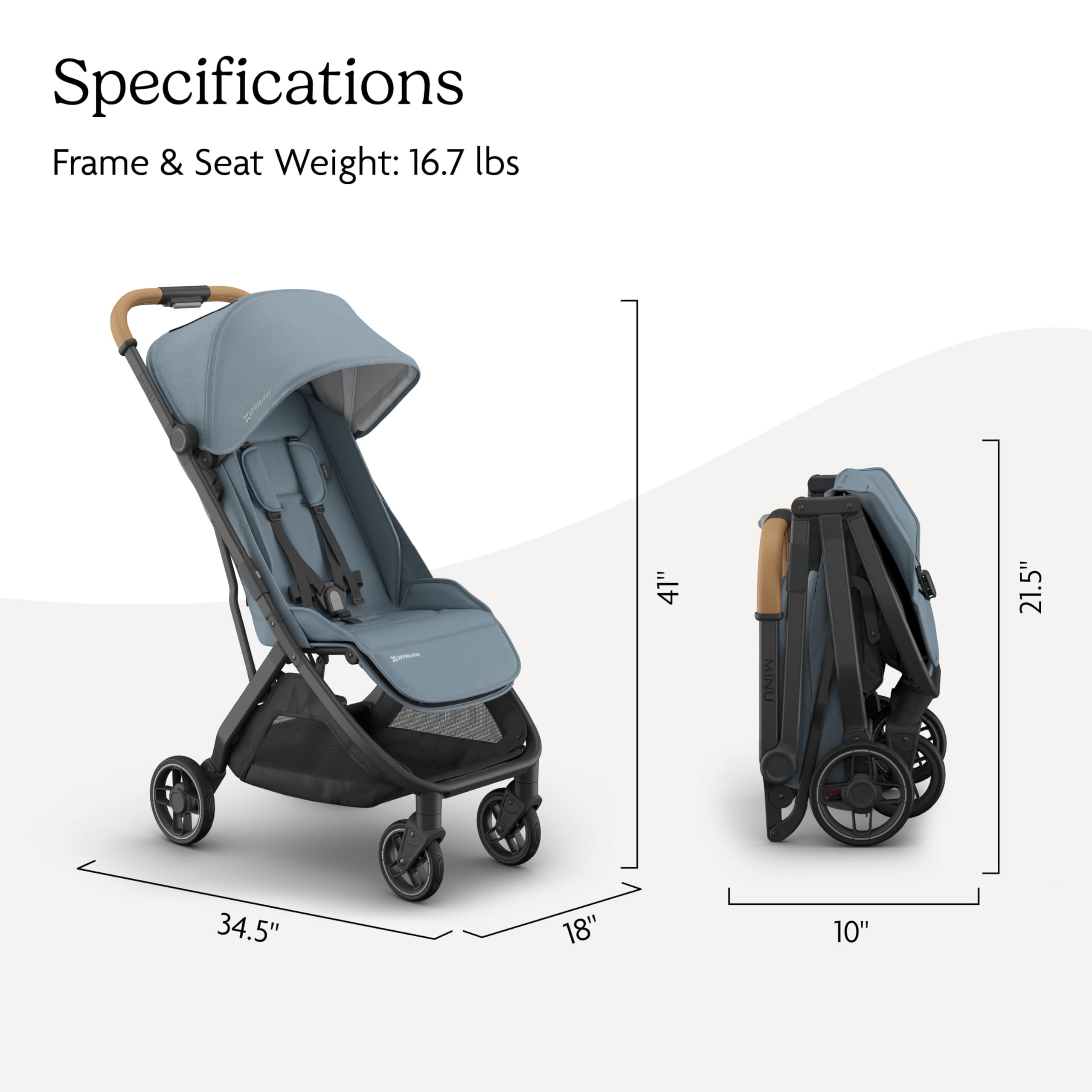 UPPAbaby Minu V3 lightweight travel stroller in Greyson, charcoal mélange with carbon frame and saddle leather, folded and unfolded.