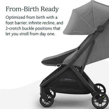 UPPAbaby Minu V3 lightweight travel stroller in Greyson with charcoal mélange fabric, carbon frame, saddle leather, one-hand fold.