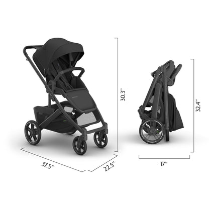 UPPAbaby Cruz V3 stroller in Greyson, featuring a full-size reversible seat, infant insert, and included bug and rain shields.