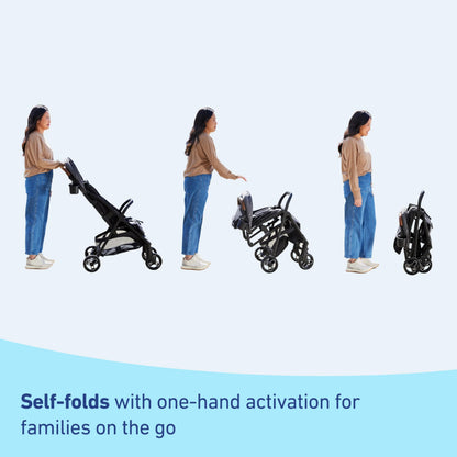 Graco Ready2Jet compact travel stroller with overhead-friendly design and automatic fold, shown in Kingston color.