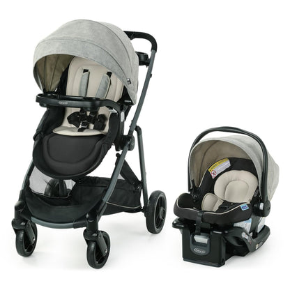 Gray Graco Modes Element Travel System with stroller, car seat, and canter pattern, suitable for infants and toddlers.