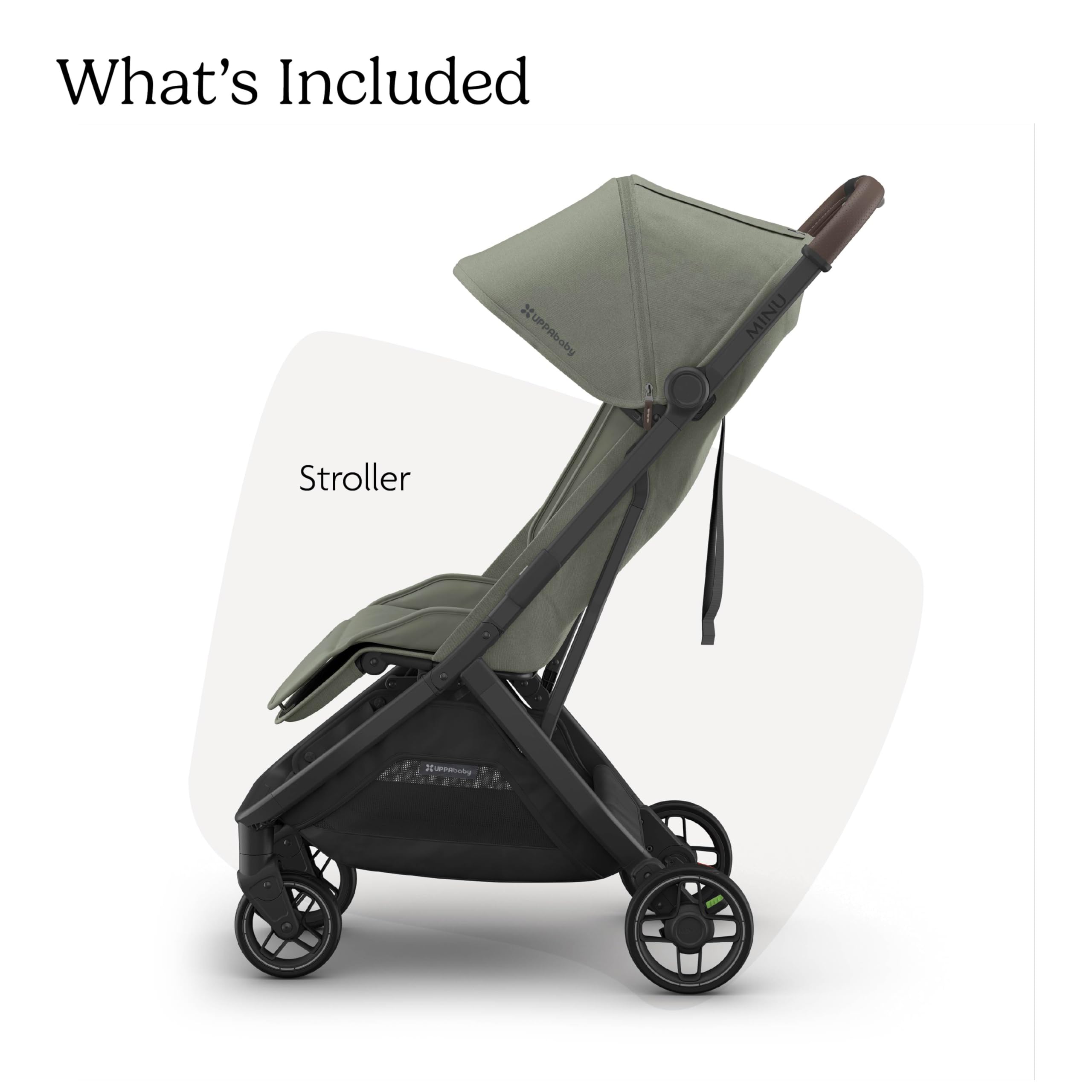 UPPAbaby Minu V3 travel stroller in greyson color with charcoal frame and saddle leather, showing lightweight, compact design and one-hand fold.