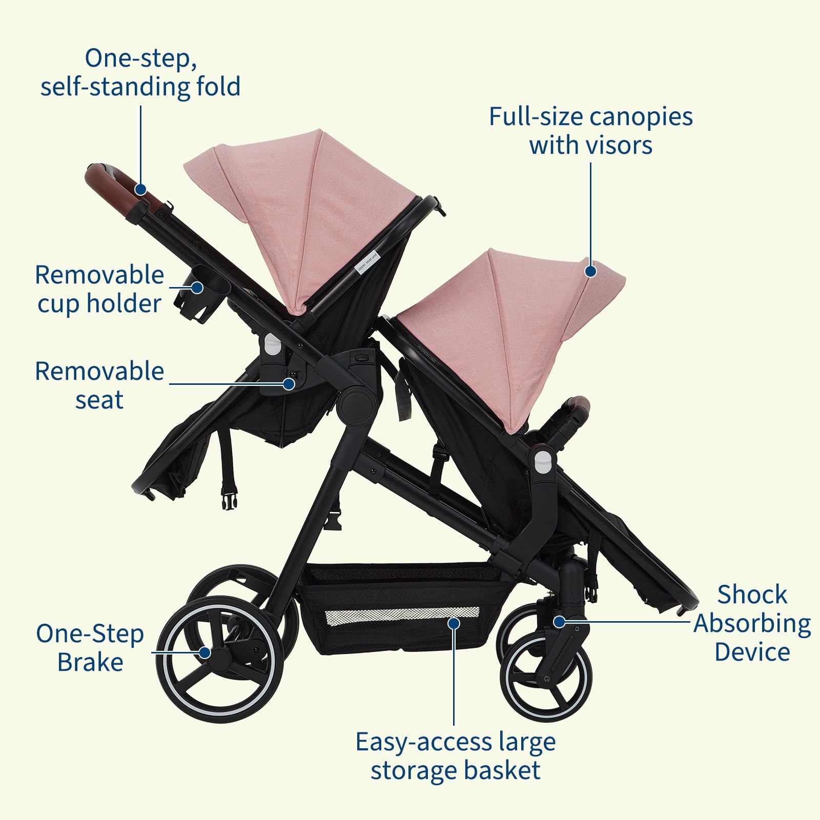 Double tandem stroller for newborn and toddler by My Store with reversible seats, safety harness, adjustable backrests, canopy, and storage basket.
