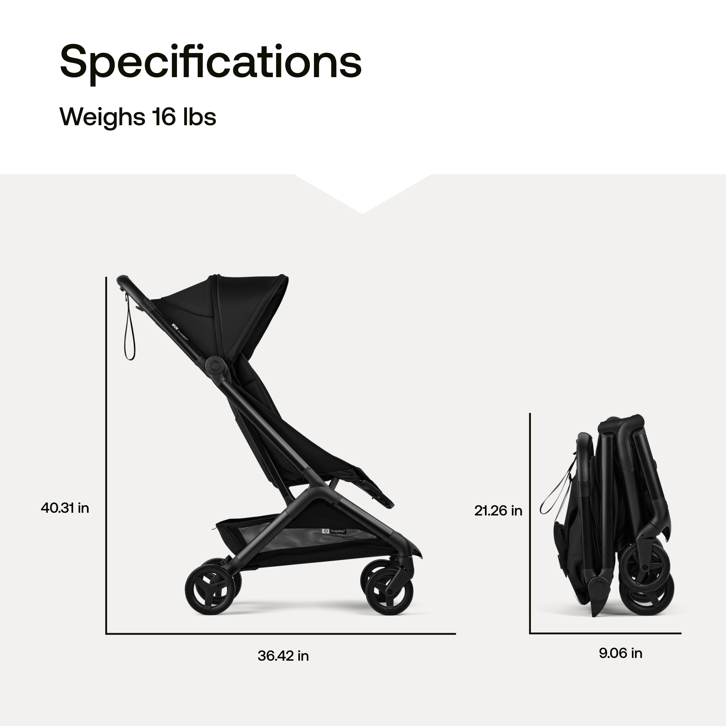 Bugaboo Butterfly 2 travel stroller in black, ultra-compact, lightweight, and airplane-friendly with one-second fold mechanism.