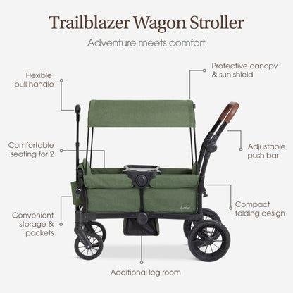 Evolur Trailblazer double wagon stroller in black with removable canopy, all-terrain wheels, 5-point harness, and spacious storage.