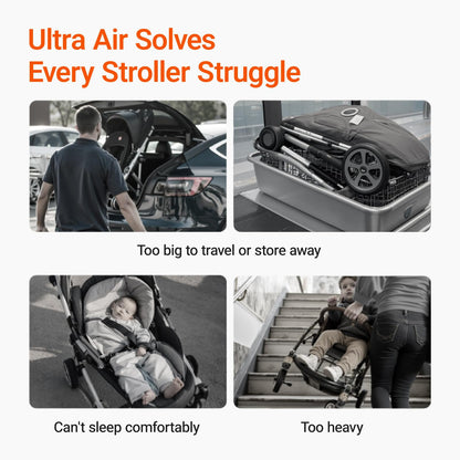 Lightweight MAMAZING Ultra Air baby travel stroller with carbon fiber frame, compact design, one-handed fold, suitable for toddlers.