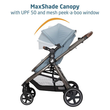Maxi-Cosi Zelia Luxe 5-in-1 modular travel system with stroller and car seat, featuring a sleek design and adjustable components.