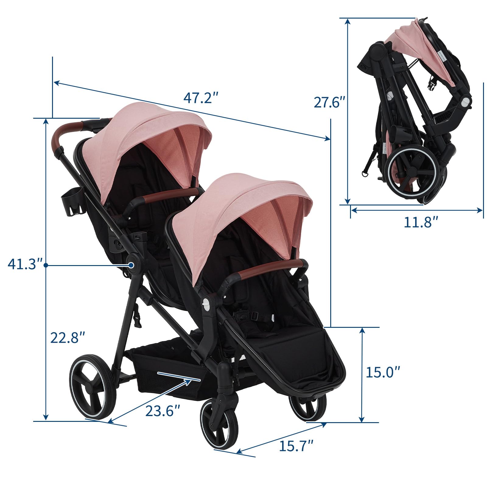 Black tandem stroller for twins with reversible seats, adjustable canopy, one-hand fold, large storage basket, ideal for newborns and toddlers.