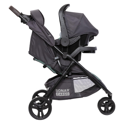 Pink Bamboo Baby Trend Passport cargo stroller travel system with EZ-Lift Plus infant car seat, featuring a pink fabric design.