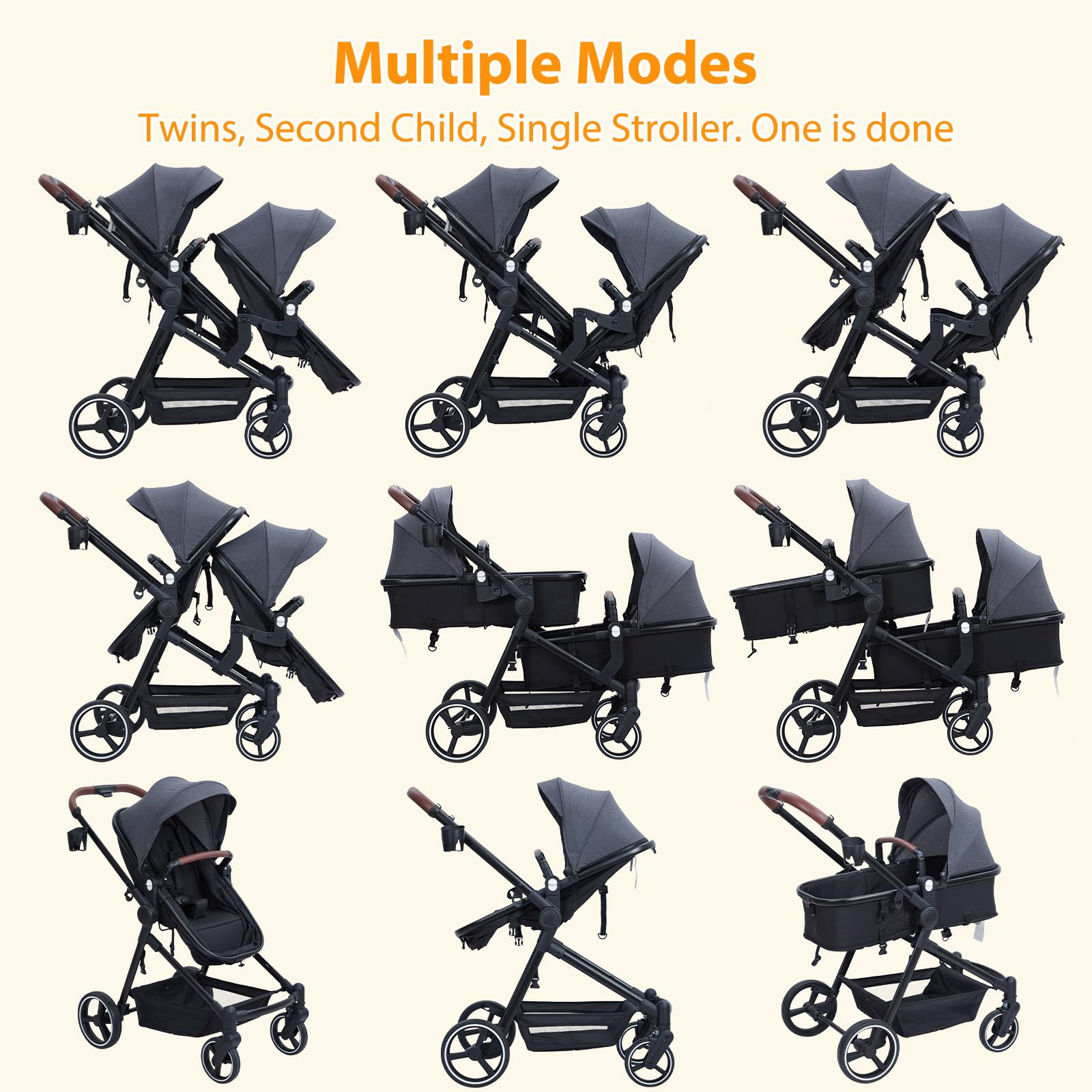 My Store double tandem stroller for newborn and toddler with foldable design, reversible seats, adjustable backrests, and canopy.