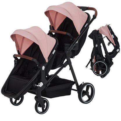 My Store double tandem stroller with reversible seats, safety harness, adjustable backrests, canopy, and storage basket for newborn and toddler