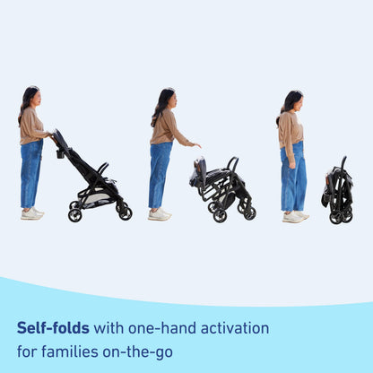 Graco Ready2Jet compact travel stroller with automatic fold, overhead friendly design, in Kingston color, lightweight and easy to carry