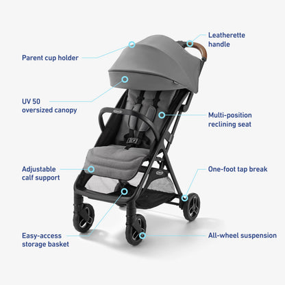 Graco Ready2Jet compact travel stroller with automatic fold, overhead-friendly design, in Kingston color, suitable for everyday use