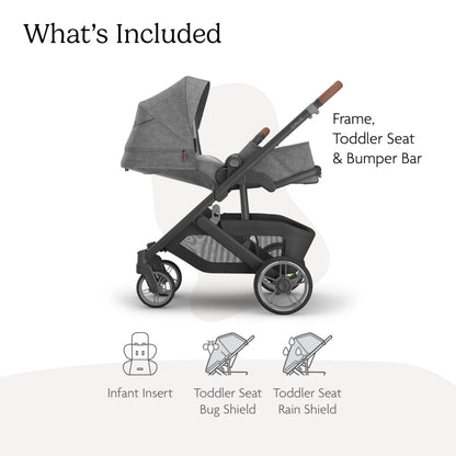 UPPAbaby Cruz V3 stroller in Greyson with reversible seat, infant insert, and shields, featuring charcoal mélange and saddle leather accents.