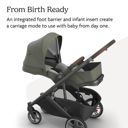 UPPAbaby Cruz V3 stroller in Greyson with full-size reversible seat, infant insert, car seat compatible, and bug and rain shields.