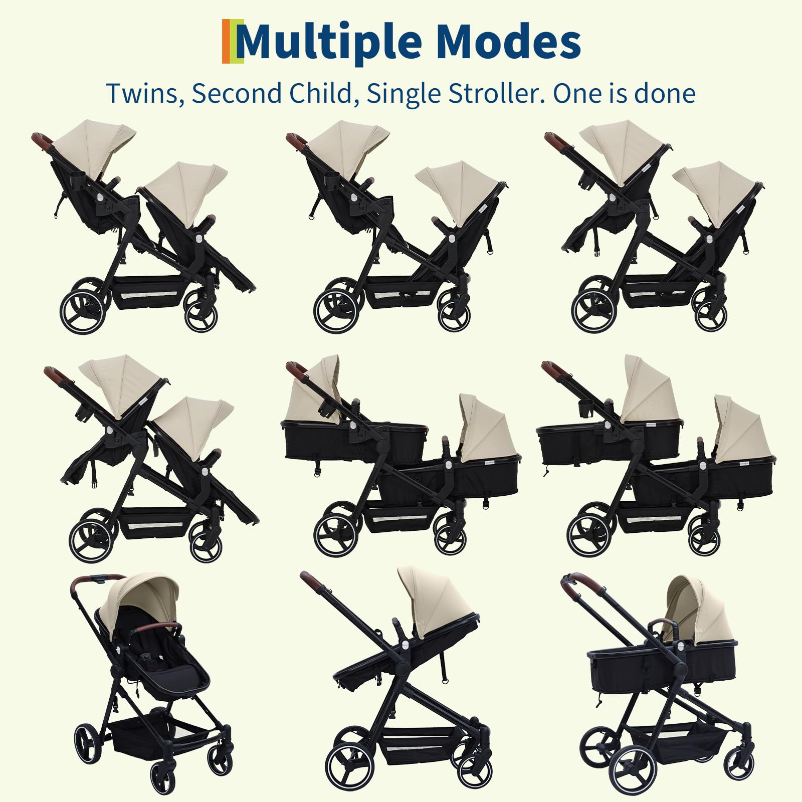 Black tandem stroller for twins with reversible seats, adjustable canopy, one-hand fold, and large storage basket by My Store.