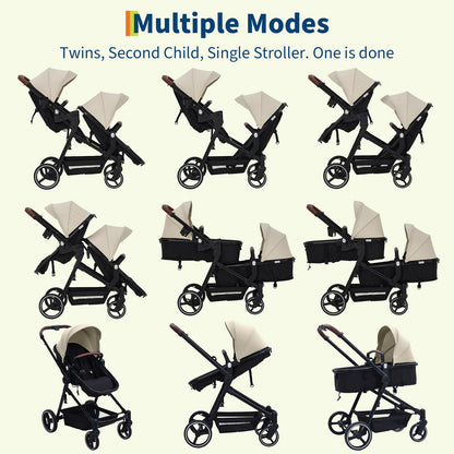Black tandem stroller for twins with reversible seats, adjustable canopy, one-hand fold, and large storage basket by My Store.