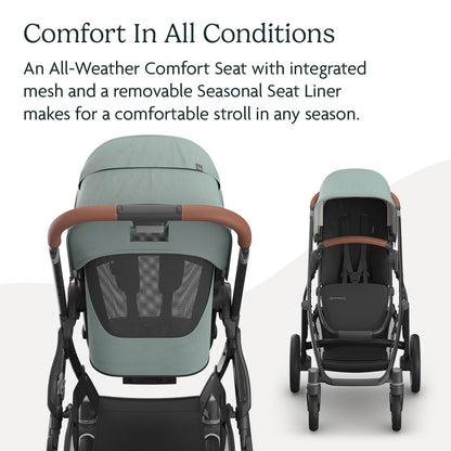 UPPAbaby Vista V3 stroller for baby and toddler with charcoal frame, all-wheel suspension, XL basket, and versatile configurations.