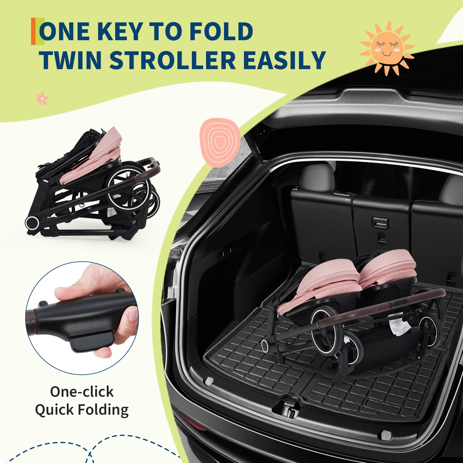 Lightweight double stroller for twins with adjustable canopy, reclining seats, 5-point harness, side-by-side design, by My Store.