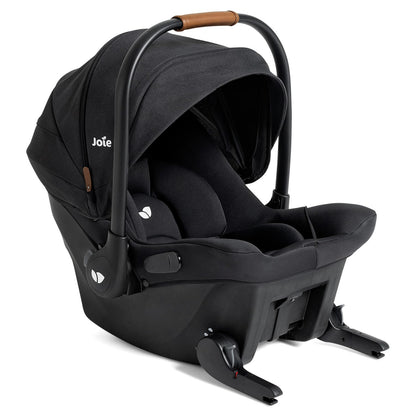 Joie Ginger and Mint Latch Travel System with infant car seat, stroller, and all-terrain wheels in Shale Dark, built-in Latch system for easy install.