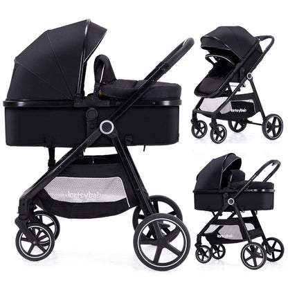 Lortsybab 2-in-1 baby stroller with beige frame, reversible seat for newborns and toddlers, foldable design for easy transport.