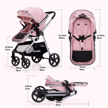 Lortsybab 2-in-1 baby stroller with beige reversible seat, folding infant pram for newborns and toddlers up to 36 months