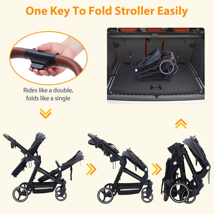 Double tandem stroller for newborn and toddler by My Store, foldable twin pushchair with reversible seats and adjustable canopy.