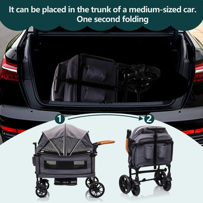 Lightweight My Store luxury double wagon stroller for kids and cargo, with canopy, 5-point harness, adjustable handle, and cup holder.