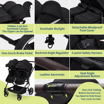 Lightweight double stroller for twins by My Store with reclining seats, adjustable canopy, 5-point harness, and high landscape design.