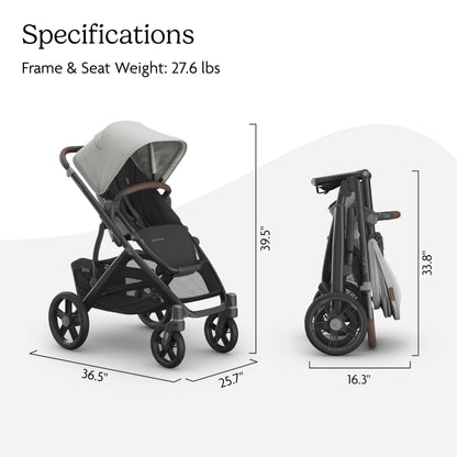 UPPAbaby Vista V3 convertible stroller for baby and toddler in Charcoal/Carbon, with all-wheel suspension and large storage basket.