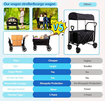 Luxury My Store wagon stroller for two kids with canopy, tray, cup holder, adjustable handle, lightweight foldable all-terrain double stroller