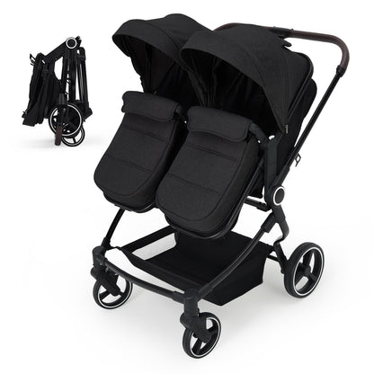 Lightweight double stroller for twins with reclining seats, adjustable canopy, 5-point harness, and high landscape design for infants and toddlers