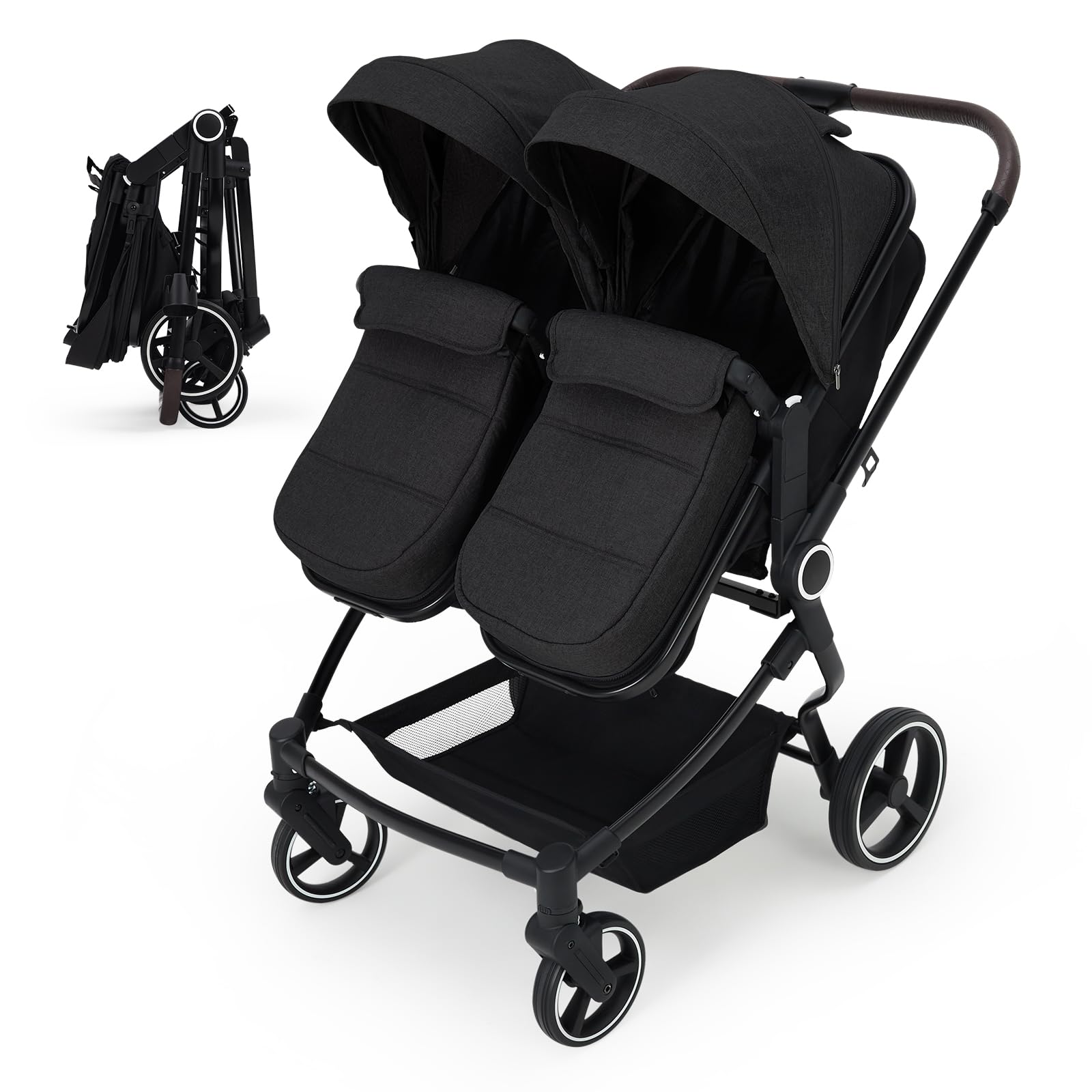 Lightweight double stroller for twins with reclining seats, adjustable canopy, 5-point harness, and high landscape design.
