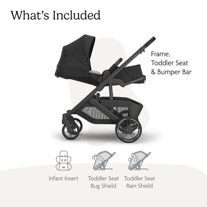 UPPAbaby Cruz V3 stroller in Greyson with reversible seat, infant insert, bug and rain shields, charcoal mélange frame, saddle leather accents.