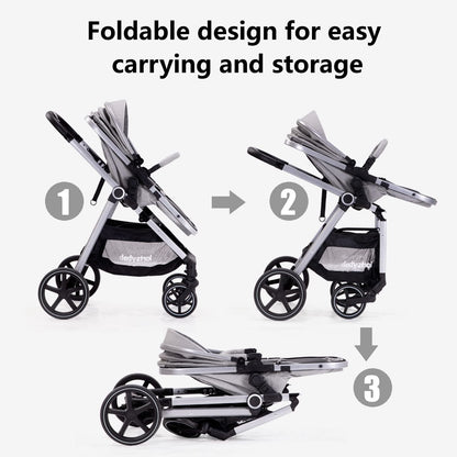 Lortsybab 2-in-1 baby stroller with beige reversible seat, foldable infant pram for newborns and toddlers aged 0-36 months.