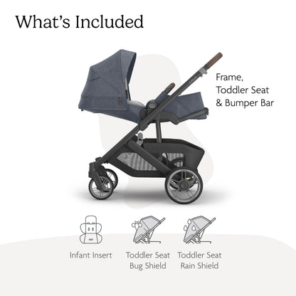 UPPAbaby Cruz V3 stroller in Greyson with reversible seat, infant insert, car seat compatibility, bug and rain shields included