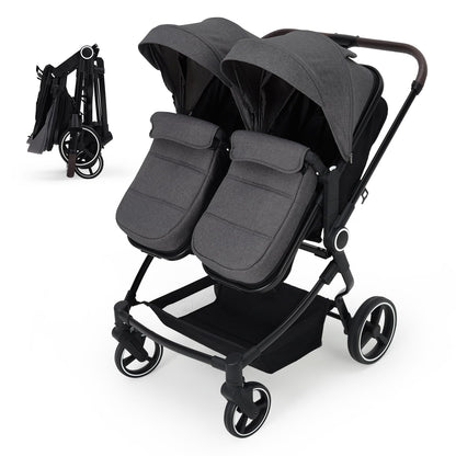 Lightweight twin stroller for infants and toddlers with reclining seats, adjustable canopy, 5-point harness, and high landscape design.