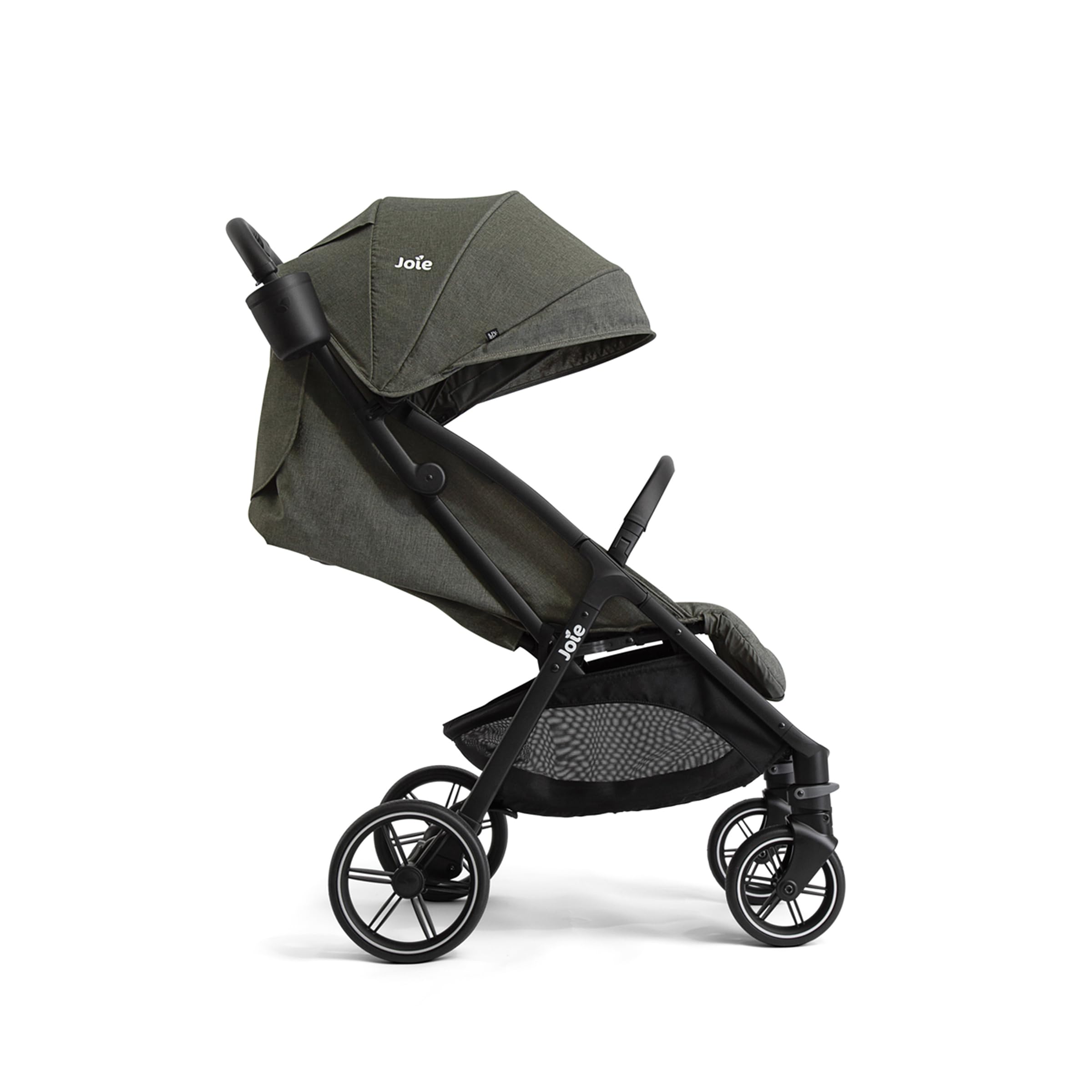 Joie Nutmeg compact stroller in shale with one-hand fold, lightweight design, suitable for easy transportation and travel.