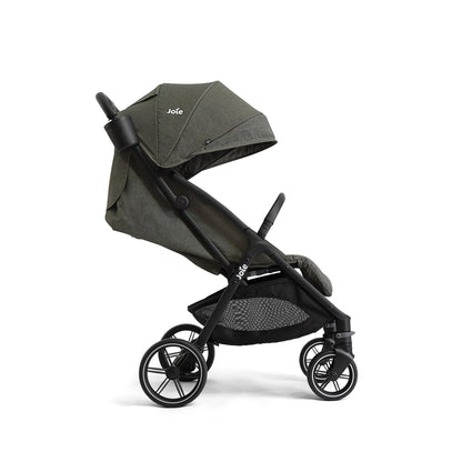 Joie Nutmeg compact stroller in shale with one-hand fold, lightweight design, suitable for easy transportation and travel.