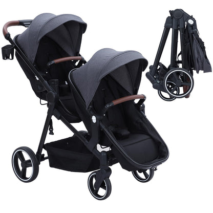 Double tandem stroller for newborn and toddler by My Store, foldable twin pushchair with reversible seats and adjustable canopies.
