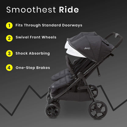 Jeep Destination Ultralight Side-by-Side Double Stroller in midnight color, lightweight and compact for easy travel.